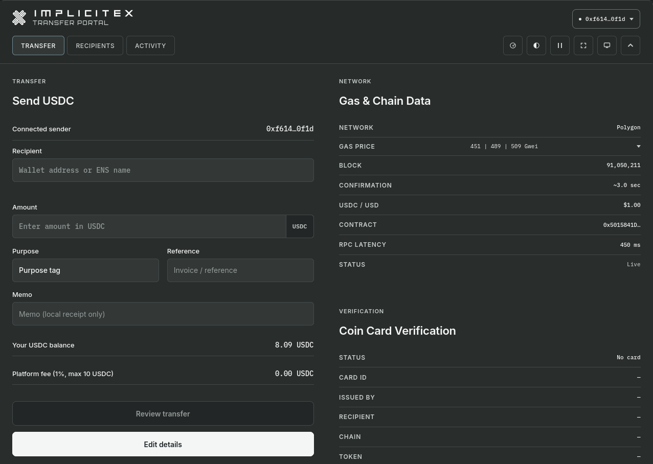 ImplicitEx transfer portal showing transfer preparation, network data, and Coin Card verification.