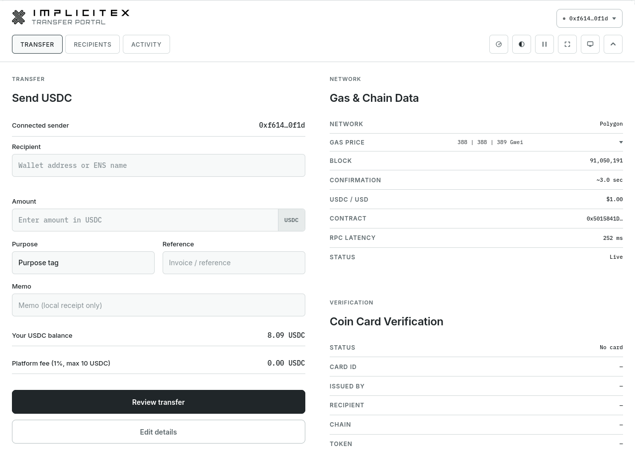 ImplicitEx transfer portal showing transfer preparation, network data, and Coin Card verification.